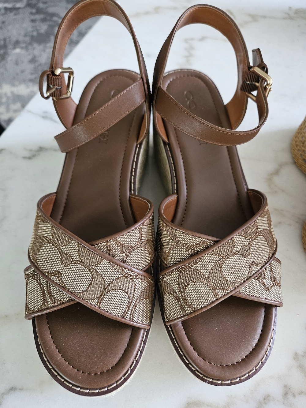 Coach Brown Canvas Logo Wedge Sandals - Women's